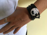 Model Wearing Skinny Multi Wrap Leather Bling Bracelet For The Holidays Black