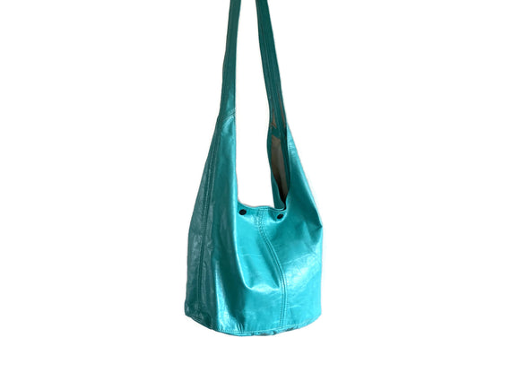 Clearance Sale, Large, Rustic Turquoise Leather Crossbody Bag- The Hobo Sac