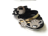 Skinny Multi Wrap Leather Bling Bracelet For The Holidays Black , Gold and Silver