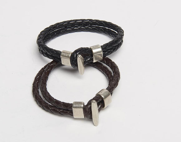 Mens Braided Leather Bracelet with Hook Closure.