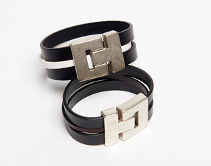 Striped Magnetic Bracelet Wide Leather Cuff with CT Clasp