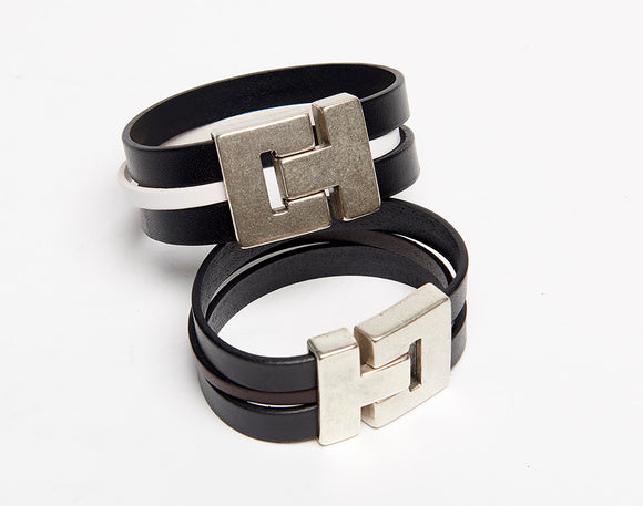 Striped Magnetic Bracelet Wide Leather Cuff with CT Clasp