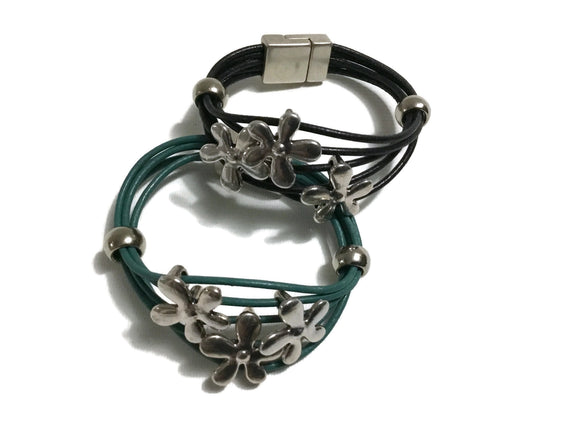 Handmade Leather Bracelet with Silver Flowers