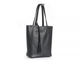 Large Black Leather Tote Shopping Bag.