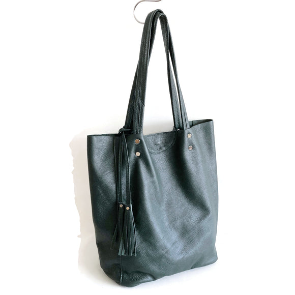 green leather tote