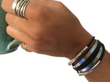 Multi Strand Silver Tubular Leather Magnetic Bracelet on Model
